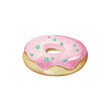 Watercolor donut with sprinkles and pink icing. Cute illustration of sweets in cartoon style isolated on white background