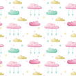 Cute watercolor pattern with clouds, hearts, stars for nursery. Seamless pattern in cartoon style