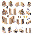 Vector isometric supermarket or grocery store wine department furniture and equipment. Wine bottles on displays, shelves and gondolas, checkout counter with cash registers, baskets
