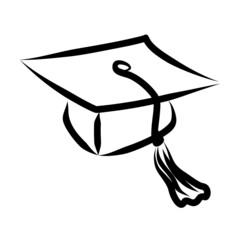 Simple black and white outline square academic cap icon. Hand-drawn graduation vector symbol