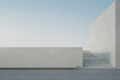 Empty concrete floor and white cement wall in city park. 3d rendering of abstract gray building with clear sky background.