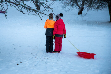 Two children playing and sledding during winter