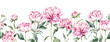 Watercolor seamless border with pink peonies flowers. Hand painted repeating ornament with floral elements on white background. May be used as background texture