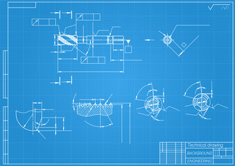 Mechanical engineering drawings on blue background. Tap tools, borer. Technical Design. Cover. Blueprint. Vector illustration.