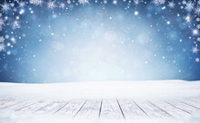 Winter Christmas Scenic Background With Wooden Table And Copy Space.