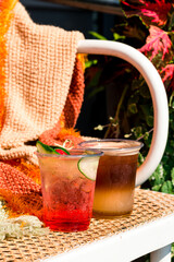 Canvas Print - summer iced coffee and strawberry lemonade on the table. summer cold drink menu