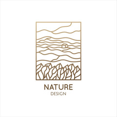 Wall Mural - Linear nature logo. Mountain minimalistic landscape icon with waves structure. Vector pattern wavy lines. Ornamental rectangular emblem for design geologic and mineral industry, travel, ecology, yoga