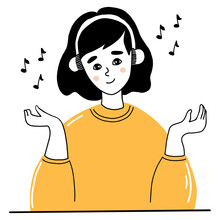 Cute girl in headphones listens to music. Vector illustration in hand drawn doodle style. Podcast and hobby concept. character For thematic decor, Design, postcards and print