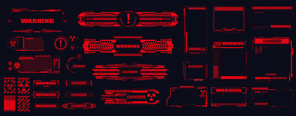 An error or damage during an attack and system failure. High-tech and digital cyber frames warn of a warning on the screen. Warning frame. Abstract tech design. Hi-tech callout bar labels. Vector