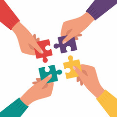 Four hands putting multicolor puzzle pieces together. Teamwork, cooperation, business, solution, work concept.Vector illustration.