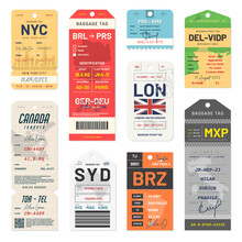 Baggage Tags And Travel Tags. Luggage Tags And Labels For Airport Passengers. Set Of Luggage Labels And Stickers For Travelers
