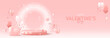 © Yaran - Happy Valentine s Day holiday banner. Greeting background with abstract 3d composition for Valentine s Day. Vector illustration with hearts, balloons and confetti on podium with neon circle.