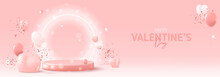 Happy Valentine S Day Holiday Banner. Greeting Background With Abstract 3d Composition For Valentine S Day. Vector Illustration With Hearts, Balloons And Confetti On Podium With Neon Circle.