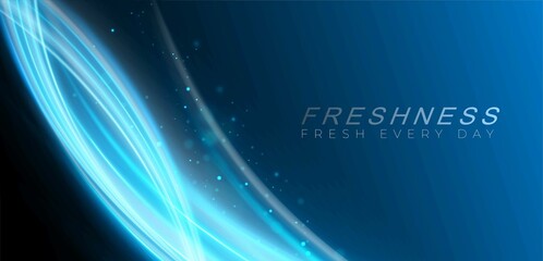 Wall Mural - blue dynamic waves on black background showing a stream of fresh clean air. packaging design with en