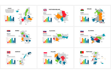 Wall Mural - Set of maps of Europe countries by region Northern Ireland, Wales, Serbia, Slovakia, Slovenia, Norway, Poland, Portugal