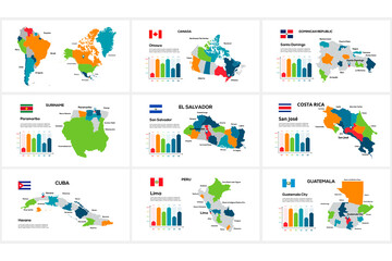 Set maps America countries by region Canada, Dominican Republic, Suriname, Salvador, Costa Rica, Cuba, Peru, Guatemala