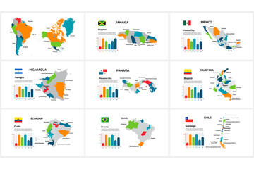 Wall Mural - Set of maps of America countries by region Jamaica, Mexico, Nicaragua, Panamma, Colombia, Ecuador, Brazil, Chile