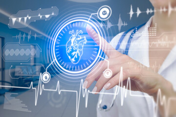 Wall Mural - Woman doctor pointing at creative glowing cardiovascular medical hud screen on blurry hospital interior background. Online medicine, cardiology and health concept. Double exposure.