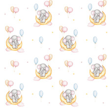 Seamless Pattern With Elephant On Moon And Balloons; Watercolor Hand Drawn Illustration; With White Isolated Background
