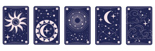Tarot Cards With Sun, Moon, Stars And Constellations.Heavenly Night Zodiac Design. A Set Of Tarot Cards For Divination. Astrology And Prediction In Flat Style. Vector Illustration