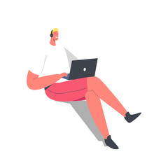 Wall Mural - Freelance Occupation, Distant Education Concept. Relaxed Man Freelancer Wear Headphones Working Distant on Laptop