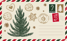 Christmas Mail, Postcard, Hand Drawn Illustration.	