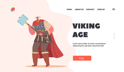 Wall Mural - Viking Age Landing Page Template. Barbarian Male Character with Long Beard Wearing Horned Helmet, Boots and Cape