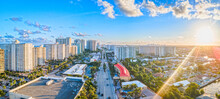 Panoramic Aerial Drone Of City In Fort Lauderdale, Florida With Sunset