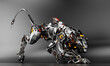 Steel robot panther in side creeping pose with strong, dangerous tail, 3d render on dark background
