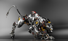 Steel Robot Panther In Side Creeping Pose With Strong, Dangerous Tail, 3d Render On Dark Background