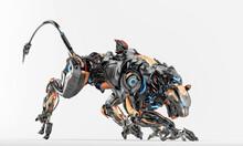 Robot Panther In Side Creeping Pose With Strong, Dangerous Tail, 3d Render On Light Background