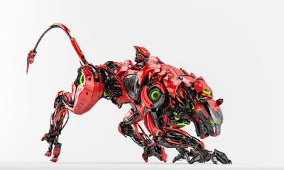 Robot panther in side creeping pose with strong, dangerous tail, 3d render on light background