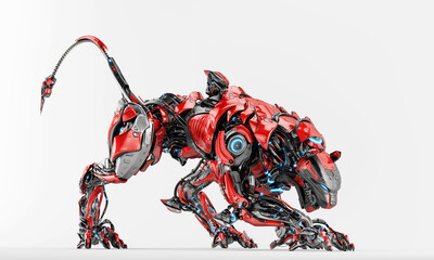 Robot panther in side creeping pose with strong, dangerous tail, 3d render on light background