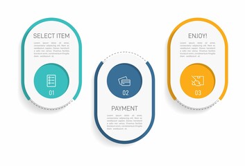 Concept of shopping process with 3 successive steps. Three colorful graphic elements. Timeline design for brochure, presentation, web site. Infographic design layout.