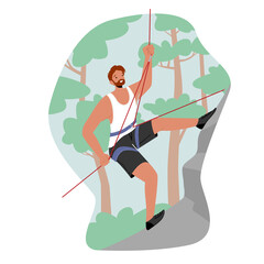 Wall Mural - Extreme Sportsman Climb Mountain with Rope. Man Climbing Isolated on White Background. Male Character Sport Weekend