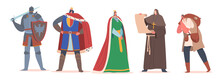 Set Of Medieval Historical Characters. Royal Queen And King, Monk With Parchment, Knight Warrior, Peasant In Costumes