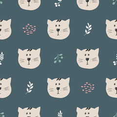 Naklejka na meble Cute Cat Seamless pattern. Cartoon Animals in forest background. Vector illustration