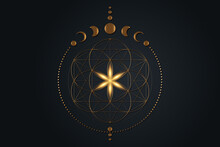 Mystical Flower Of Life And Moon Phases, Sacred Geometry. Gold Seed Of Life. Pagan Wiccan Goddess Symbol, Old Golden Wicca Banner Sign, Energy Circles, Boho Style Vector Isolated On Black Background
