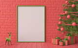 Fototapeta Sypialnia - Mock up blank picture frame Red and green  Christmas decoration and gifts 3D