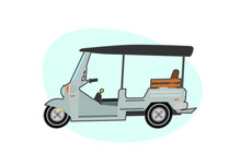 Side View Of Tuk Tuk Unmanned Transport Vehicle. Taxi In Thailand. For Travel And Interior Tourism. Vector Illustration Flat Design 