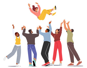 Wall Mural - Happy People Toss Up Person Celebrating Success, Group of Positive Friends Celebrate Victory Achievement Together