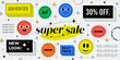 Cool Trendy Super Sale Banner Vector Design. Promo Web Page with Smile Stickers and Badges. Hipster Style Illustration.