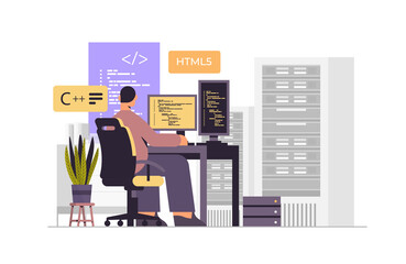 Wall Mural - web developer creating program code on computer monitor development of software and programming conc
