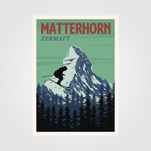 Ski Jumping At Matterhorn Mountain Poster Vintage Illustration Design, Alpine Mountain Ski Resort Poster Print