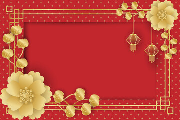 chinese new year festival banner design with gold lamps and flowers on red pattern background with f
