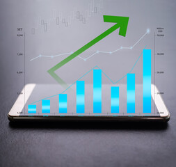 Wall Mural - Mobile with Comparison bar chart numeric data and arrow uptrend, candlestick graph stock market. plan investment income and saving money growth in 2022 new year from trade forex. business or finance.