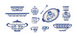 Vintage painting crockery set. Blue porcelain plates, bowls and jar decorated by floral pattern
