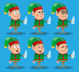 Wall Mural - Christmas Elf drinking water from a glass bottle. Vector cartoon character illustration of Santa Claus's little worker, helper.