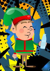 Wall Mural - Christmas Elf drinking water from a glass bottle. Vector cartoon character illustration of Santa Claus's little worker, helper.