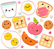 Breakfast time. Set of cute food icons in kawaii style for sweet design